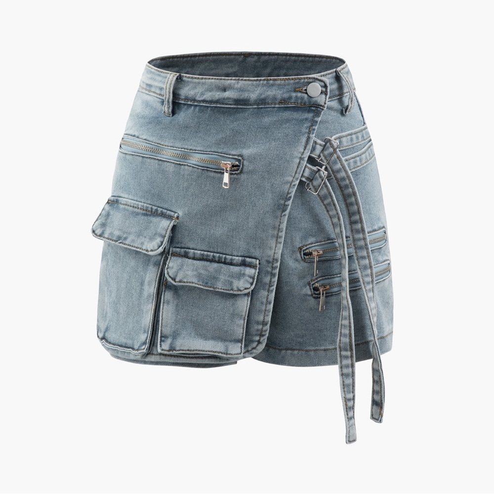 MICAS Flap Packet Denim Wrap Shorts Skort Acid Light Wash